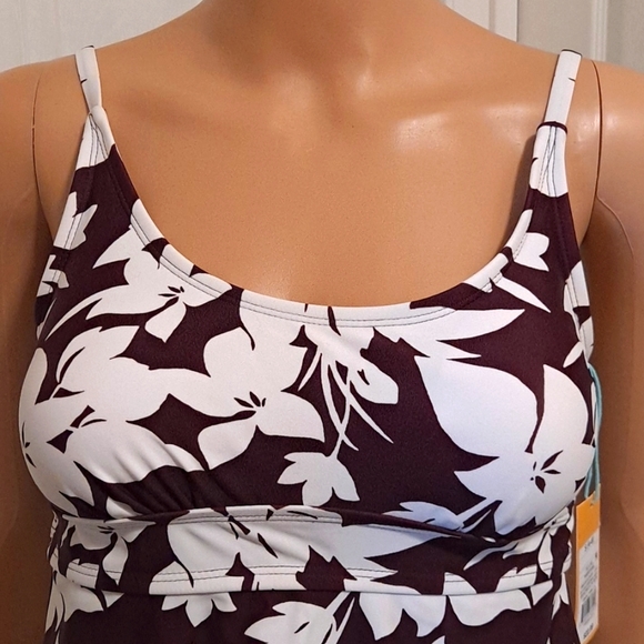 NWT Kona Sol Swimsuit Top with Adjustable Straps Burgandy & White Floral Design - Picture 2 of 7